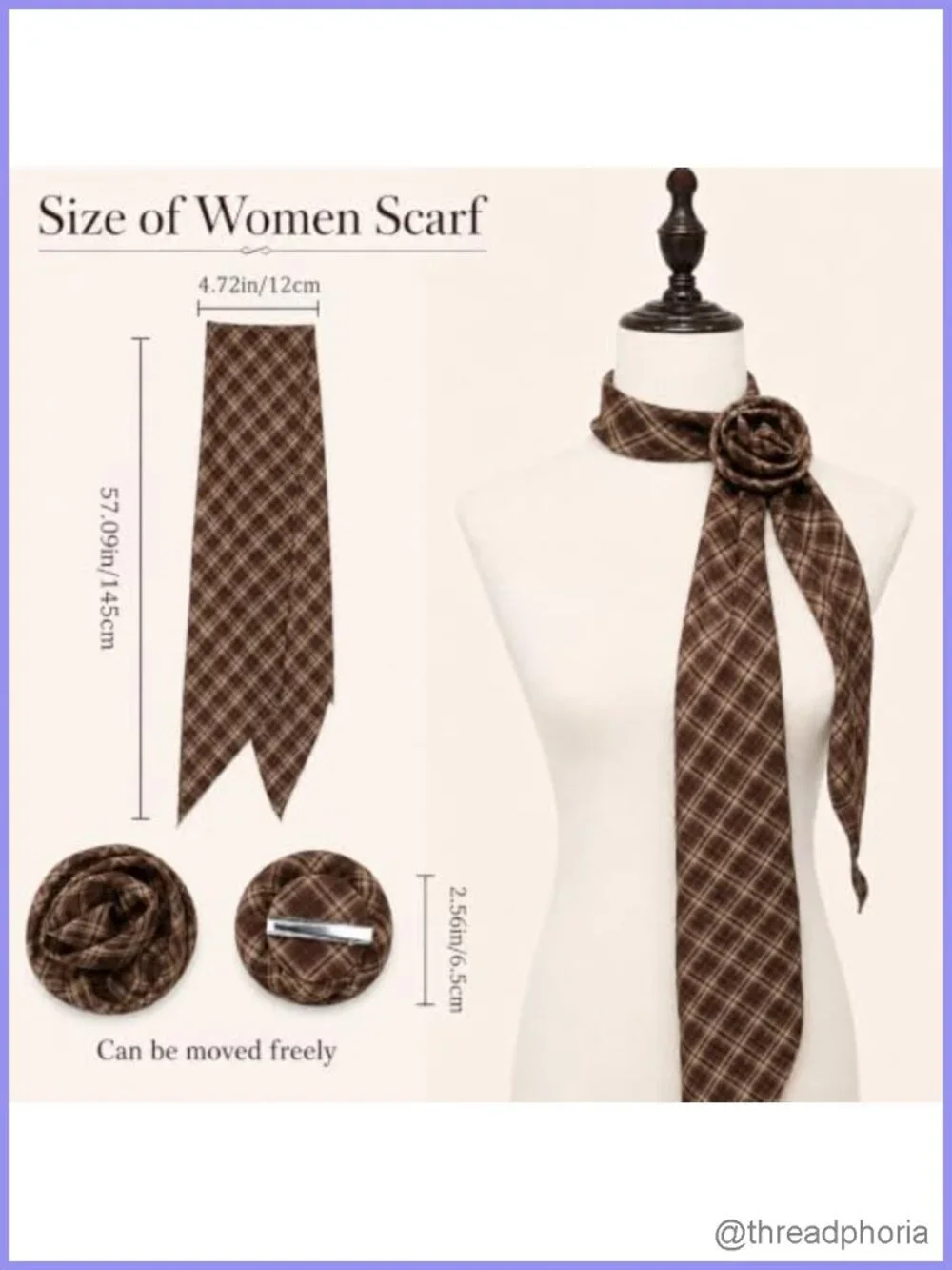 Plaid Chiffon Skinny Scarf with Rose Clip for Women